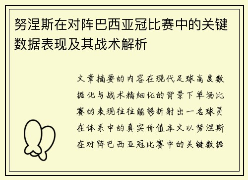 努涅斯在对阵巴西亚冠比赛中的关键数据表现及其战术解析